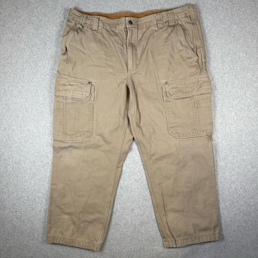 Duluth Trading Co Mens Size 44x28 Cargo Pants Tan Khaki Pockets 100% Cotton